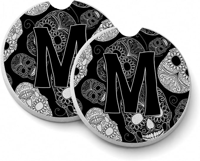 Caroline's Treasures CJ2008-MCARC Letter M Day of The Dead Skulls Black Set of 2 Cup Holder Car Coasters Absorbent Sandstone Coasters for Car Cup Holders Gifts for Men or Women, Large, Multicolor - skull coaster