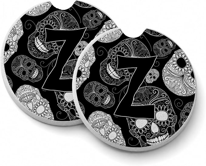 Caroline's Treasures CJ2008-ZCARC Letter Z Day of The Dead Skulls Black Set of 2 Cup Holder Car Coasters Absorbent Sandstone Coasters for Car Cup Holders Gifts for Men or Women, Large, Multicolor - skull coaster