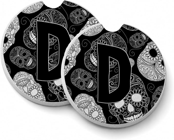 Caroline's Treasures CJ2008-DCARC Letter D Day of The Dead Skulls Black Set of 2 Cup Holder Car Coasters Absorbent Sandstone Coasters for Car Cup Holders Gifts for Men or Women, Large, Multicolor - skull coaster