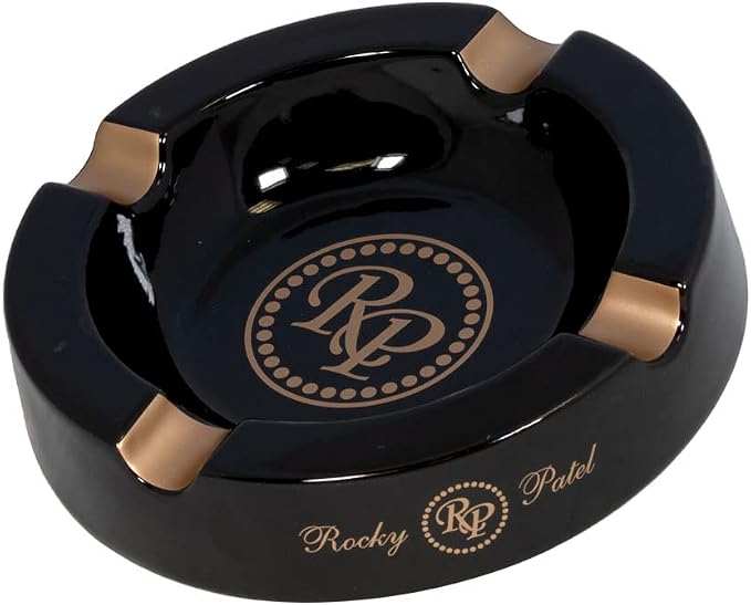Rocky Patel Ceramic Black Cigar Ashtray – Heavy-Duty Round Design with 4 Gold Cigar Rests – Premium Tabletop Ashtray for Home, Lounge & Outdoor Use - skull ashtray