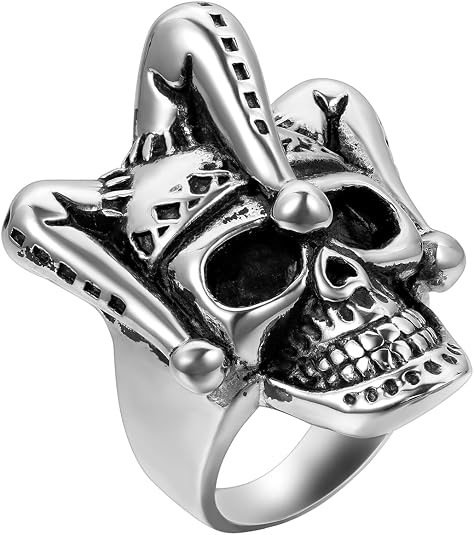 Flongo Men’s Punk Stainless Steel Silver Black Gothic Joker Clown Band Ring Biker Rings, Size 9