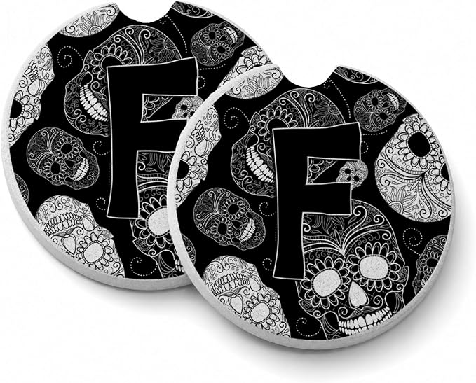 Caroline's Treasures Letter F Day of The Dead Skulls black Set of 2 Cup Holder Car Coasters CJ2008-FCARC, 2.56, Multicolor - skull coaster