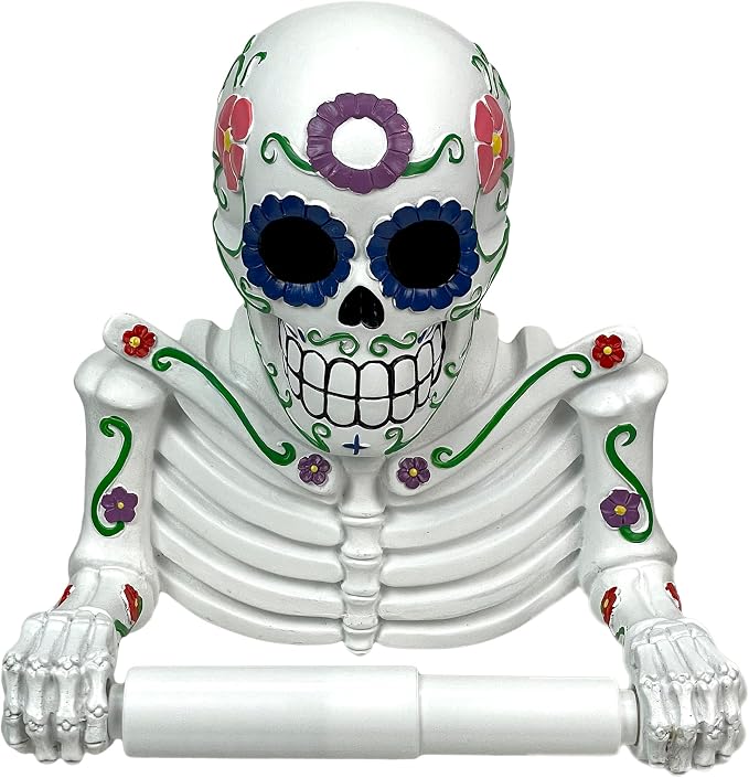 Sugar Skull Toilet Paper Holder, 8.5 Inch Day of the Dead Skeleton - skull toilet rug