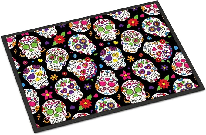 Caroline’s Treasures BB5116MAT Day of The Dead Black Doormat 18×27 Front Door Mat Indoor Outdoor Rugs for Entryway, Non Slip Washable Low Pile, 18H X 27W