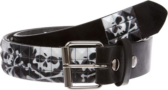 Snap On 1 1/2" Skull & Cross Bone Printed Punk Rock Studded Belt - skull wallet