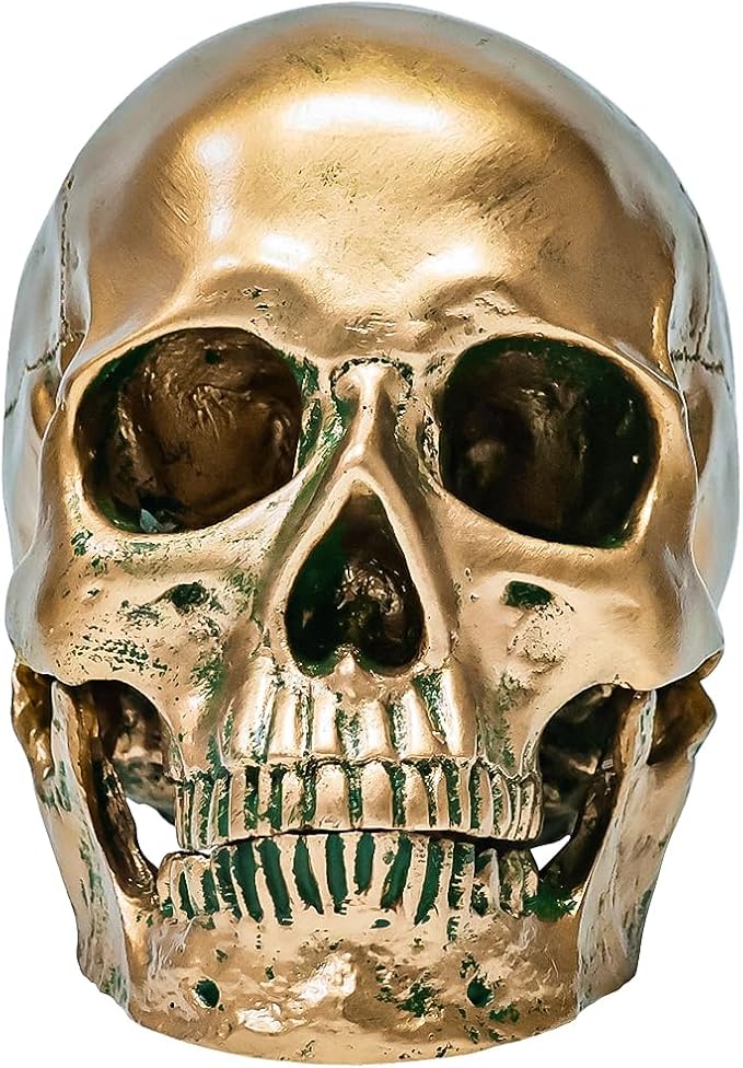 ECYC 1:1 Resin Human Skull Model Halloween Props Home Decorations High Fidelity Skull Head Sculpture Life Size, Bronze - skull figurine