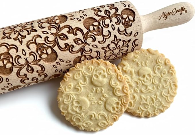 Embossing Rolling Pin SKULL WREATH with SKULLS, Spooky, Death's-head, Halloween Sugar. Laser Engraved Dough Roller for Embossing Homemade Halloween Cookies by Algis Crafts - skull wreath