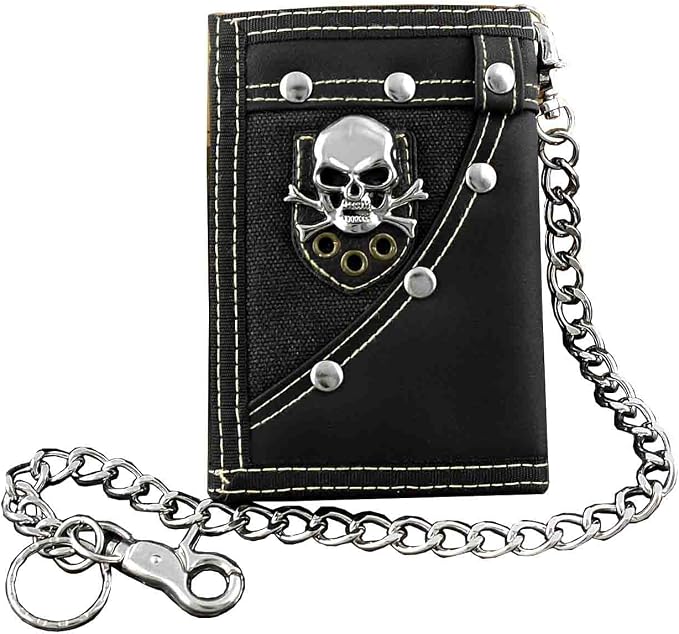 Mens Boys Trifold Casual Skull Wallet Money Purse With Jeans Pants Chain L20 - skull wallet