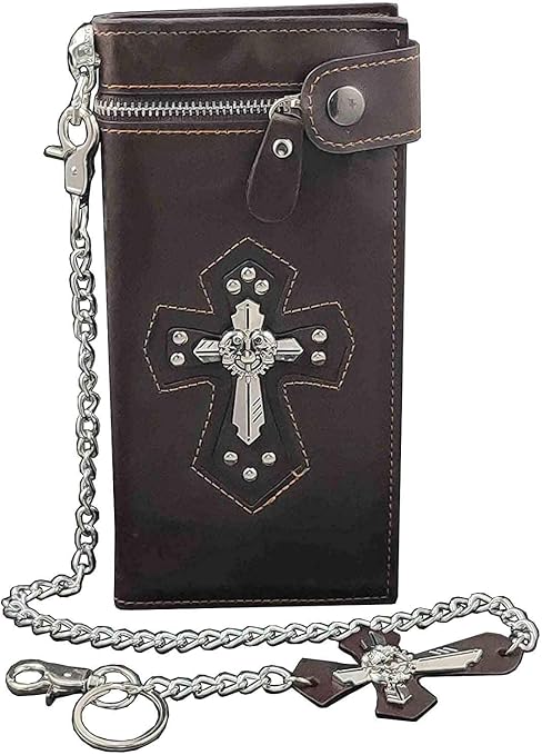 Punk Rock Skull Cross Mens Leather Long Card Money Wallet Purse With Chain Brown - skull wallet