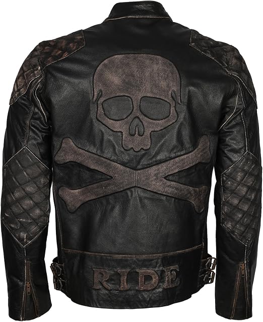 Mens Skull & Bones Black Distressed Leather Vintage Motorcycle Cowhide Jacket - skull jacket