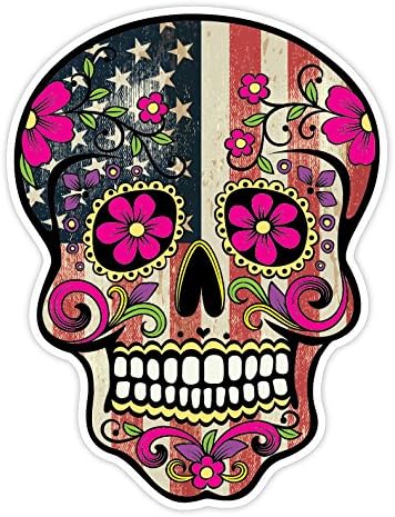 Grunge American Flag Detailed Sugar Skull Sticker Series 7 - Mexican Day of the Dead Calavera Waterproof Car Decal Bumper Sticker - skull sticker