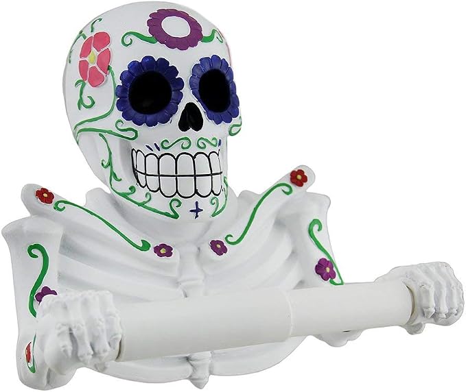Sugar Skull Toilet Paper Holder, 8.5 Inch Day of the Dead Skeleton