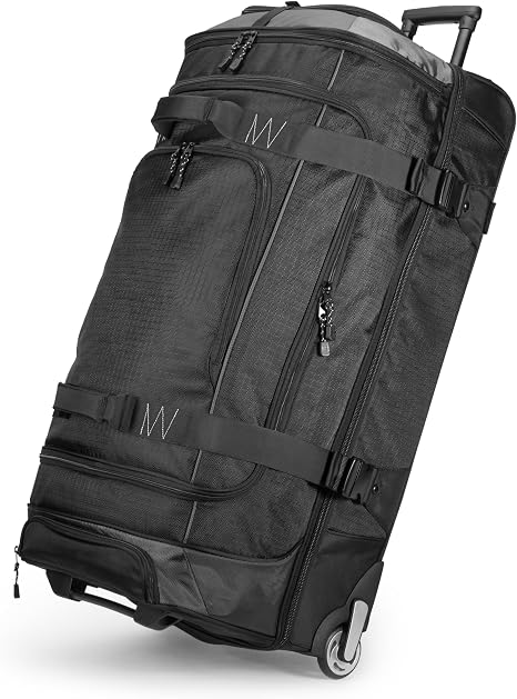 Amazon Basics 35-inch Large Rolling Duffel Bag with Wheels and Handle, Travel Duffle with Durable Ripstop Polyester Material, 2 Layers of Storage Space, Multiple Interior and Exterior Pockets, Black - skull suitcase