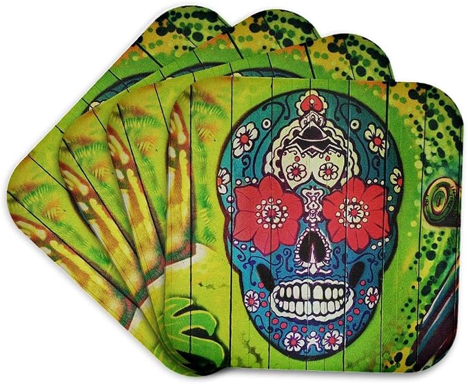 3dRose - All Things Mexican - Image of Day of Dead Skull Painted On Lime Green Door - Coasters (cst-255509-1) - skull coaster