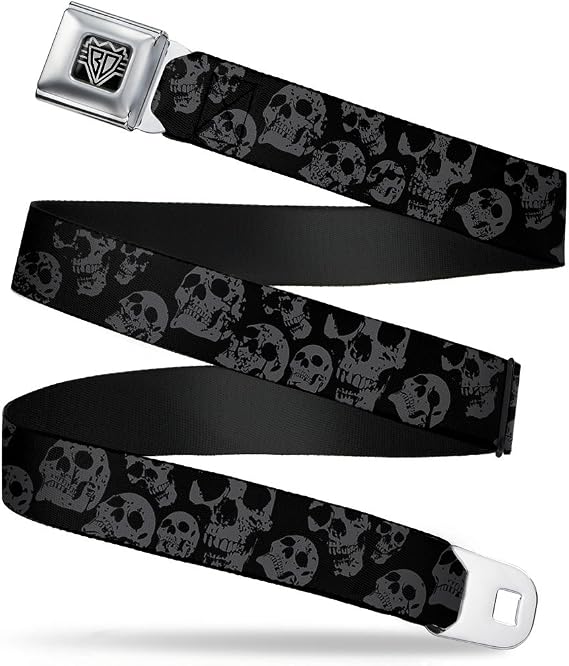 Seatbelt Buckle Belt Skulls Stacked Weathered Black Gray, 1.5 Inches Wide