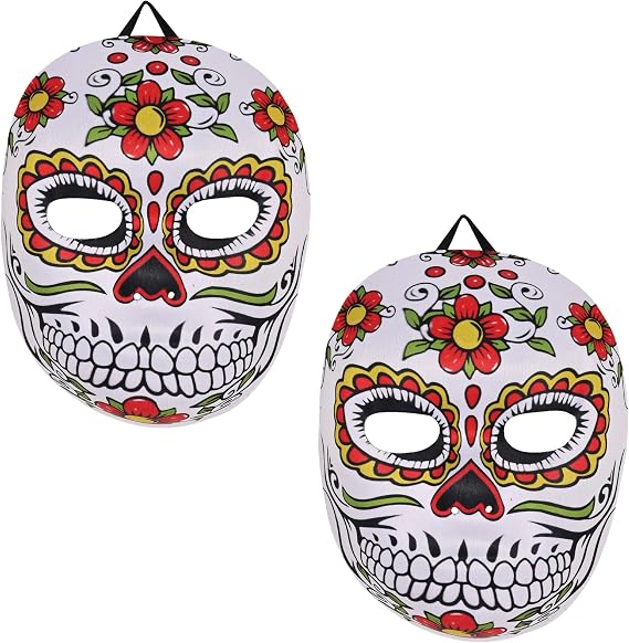 Beistle Day of the Dead Masks – 2 Pack Molded Neoprene Sugar Skull Costume Masks with Elastic Straps for Adult Día de los Muertos, Mexican Heritage Celebrations and Halloween Dress-Up, 6.5” x 8” - sugar skull costume
