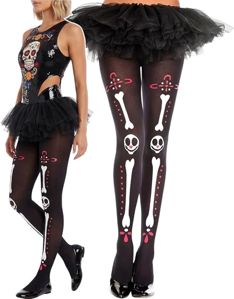 ToBeInStyle Women’s Sugar Skull Día de los Muertos La Catrina Skeleton Bones Tights & Thigh High Stockings - sugar skull costume