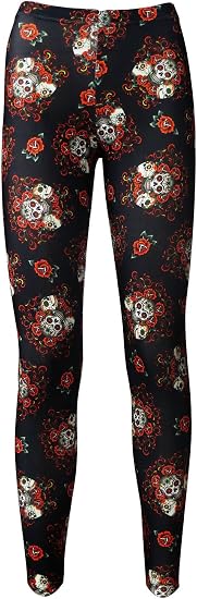 Gothic Floral Pattern Sugar Skulls Roses Printed Leggings - skull leggings