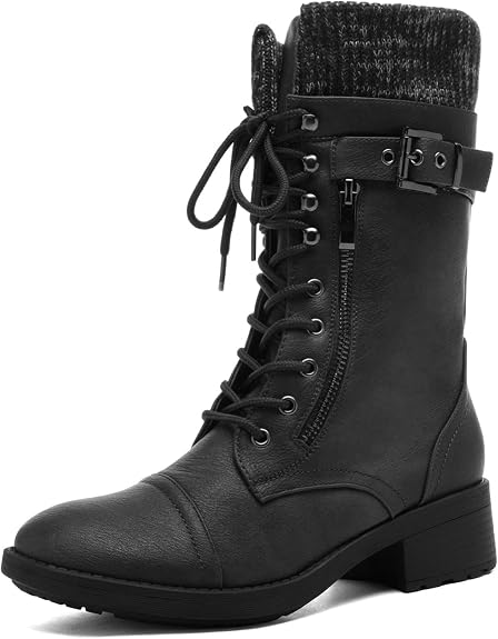 DREAM PAIRS Women's Winter Lace up Mid Calf Combat Riding Military Boots - sugar skull costume