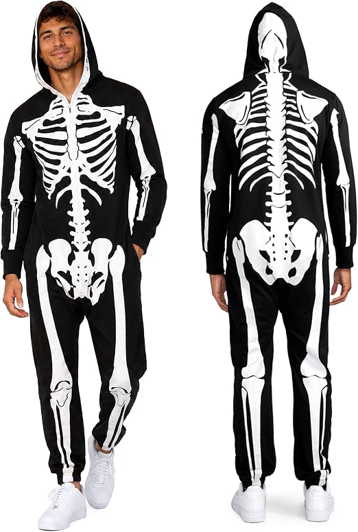 Tipsy Elves Men's Halloween Skeleton Costume Hooded Jumpsuit Adult Onesie - skeleton