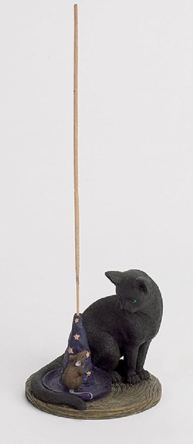 Fantasy Gifts Magical Black Cat and Mouse Incense Burner Holder with Sorcerer Magician Hat | Gothic Fantasy Cat Figurine Decor | Decorative Incense Holder for Home, Office, Shelf & Display - skull incense burner