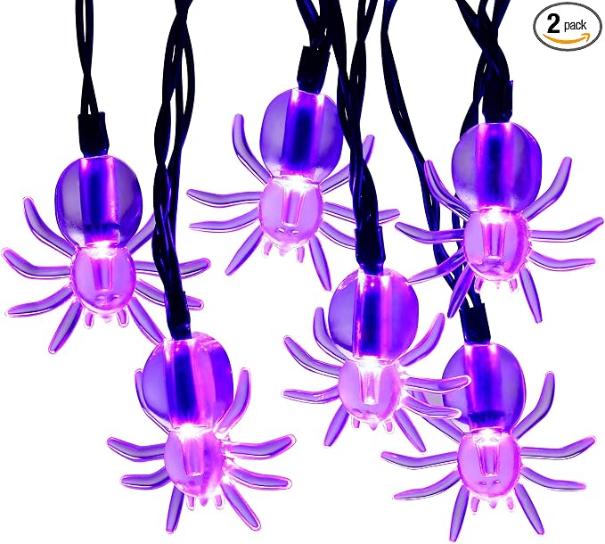 RECESKY 2Pack 20 LED Purple Spider String Lights with Timer - Total 13Ft Battery Powered Halloween String Light - Spooky Decor for Indoor House Party Holiday Window Halloween Decorations - string light