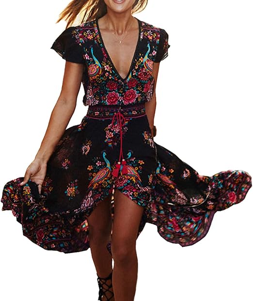 R.Vivimos Women's Vintage Floral Print High Low Long Dresses - sugar skull dress