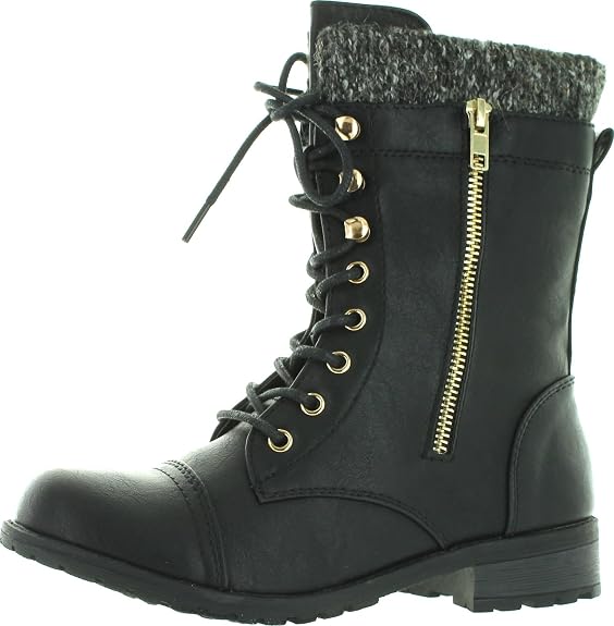 Forever Link Womens Mango-31 Round Toe Military Lace Up Knit Ankle Cuff Low Heel Combat Boots - sugar skull costume
