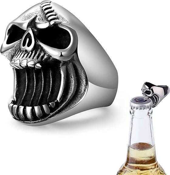 LAOYOU Skull Ring for Men | Mens Stainless Steel Vintage Skull Bottle Opener Rings, Big Solid Heavy Gothic Biker Ring Christmas Halloween Jewelry Gifts - skull bottle