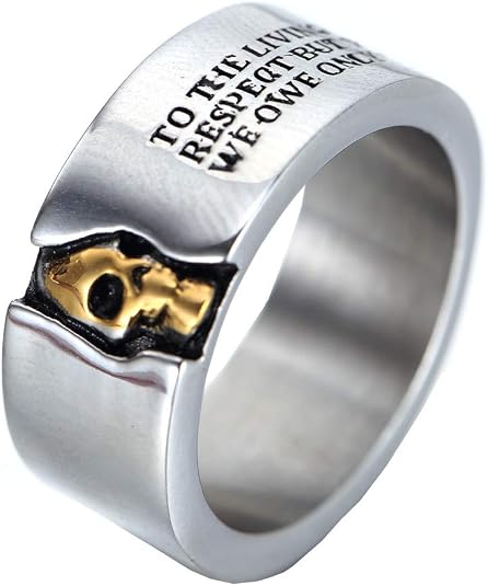 Men's Stainless Steel Skull Ring Half Face Bands Engraved Letters - skull ring
