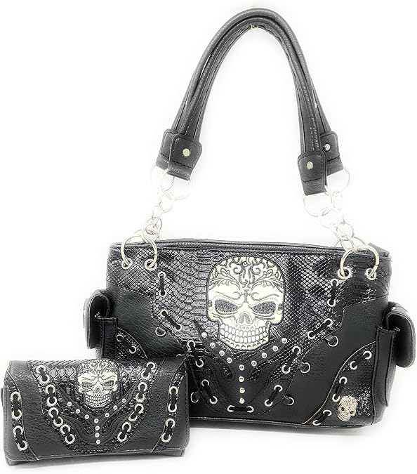 western rhinestone skull concho stitched handbag purse set (black) - sugar skull handbags for sale