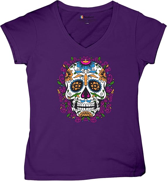 Floral Sugar Skull Day of The Dead V-Neck T-Shirt Dia de Los Muertos Calavera - skull tshirt