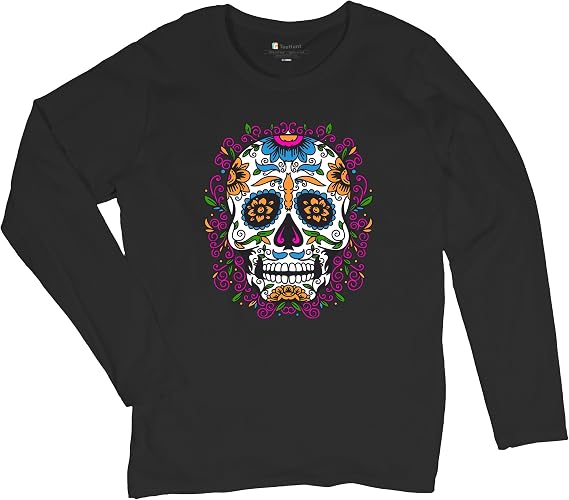 Floral Sugar Skull Day of The Dead Women's Long Sleeve T-Shirt Calavera Muertos - skull tshirt
