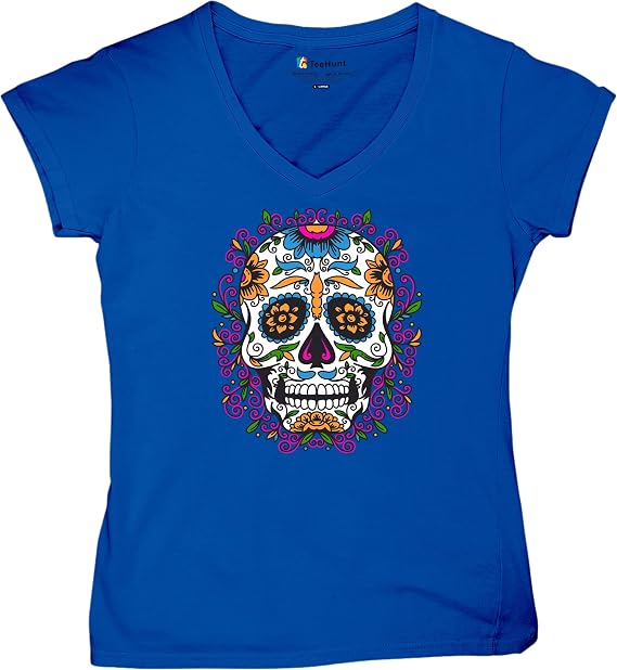 Floral Sugar Skull Day of The Dead V-Neck T-Shirt Dia de Los Muertos Calavera - skull tshirt