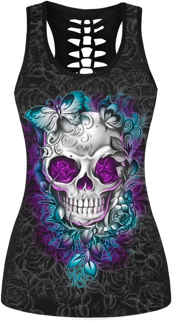 Womens Cut Out Skull Graphic Tank Tops Sleeveless Workout Tee Shirts - skull tank tops