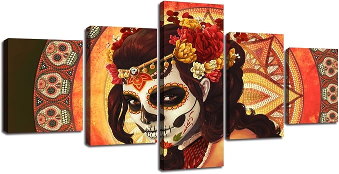 Day of the Dead Sugar Skull Girl's Face Wall Art All Saints Day Halloween Mexican Skull Artwork Framed Ready to Hang-50x24 inches - skull wall art