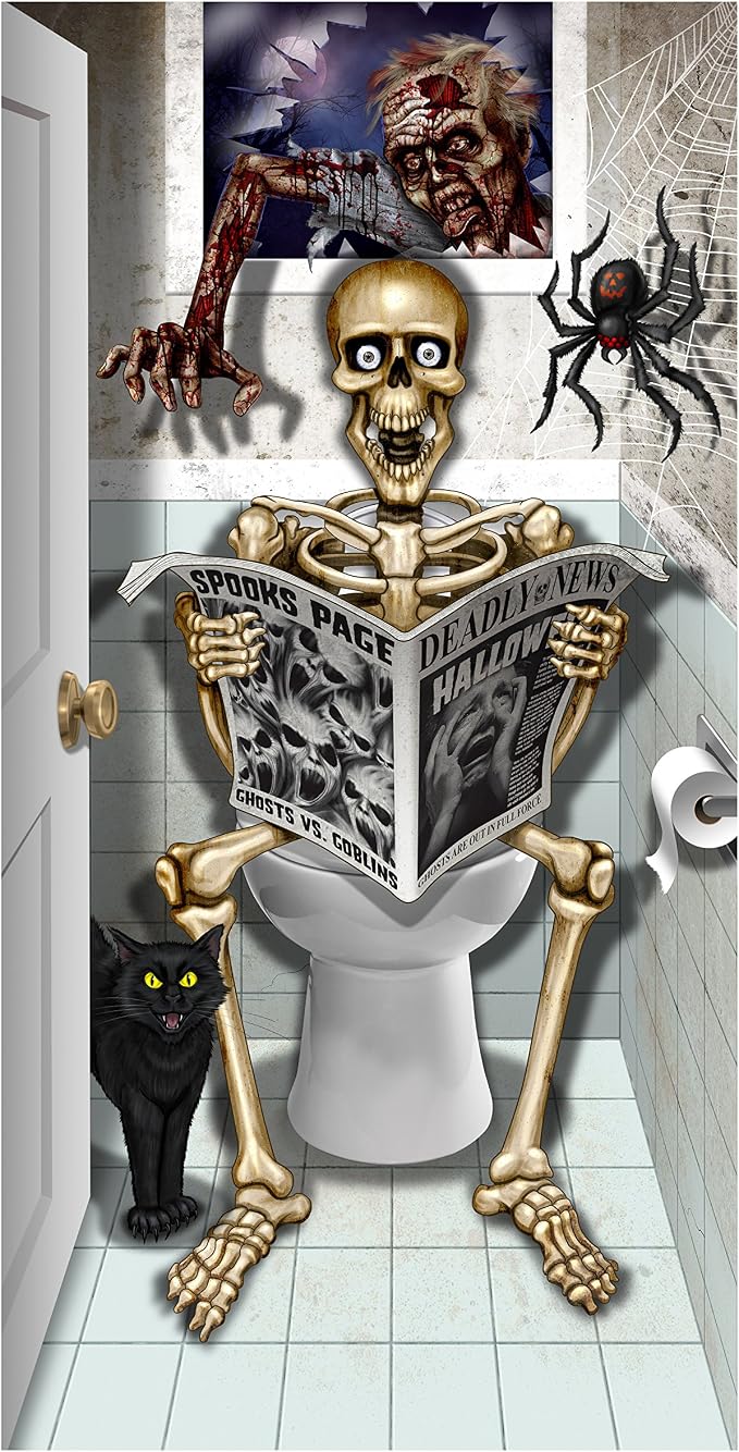 Forum Novelties 76927 Forum Bathroom Skeleton on Toilet Halloween 30" x 60" Door Cover, Multi-colour, us:one size - skull toilet paper