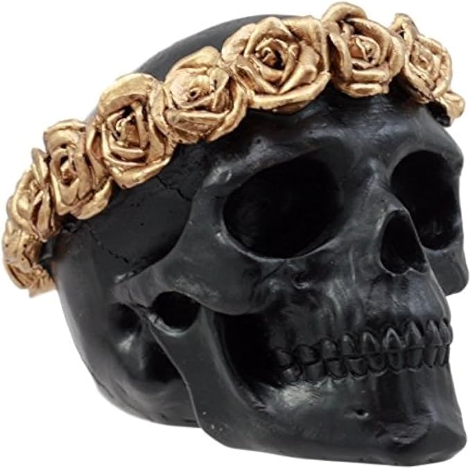 Ebros Gift Day of The Dead Copper Rose Laurel Black Skull Figurine DOD Flower Wreath Sugar Skull Decor 4.25" L - skull figurine