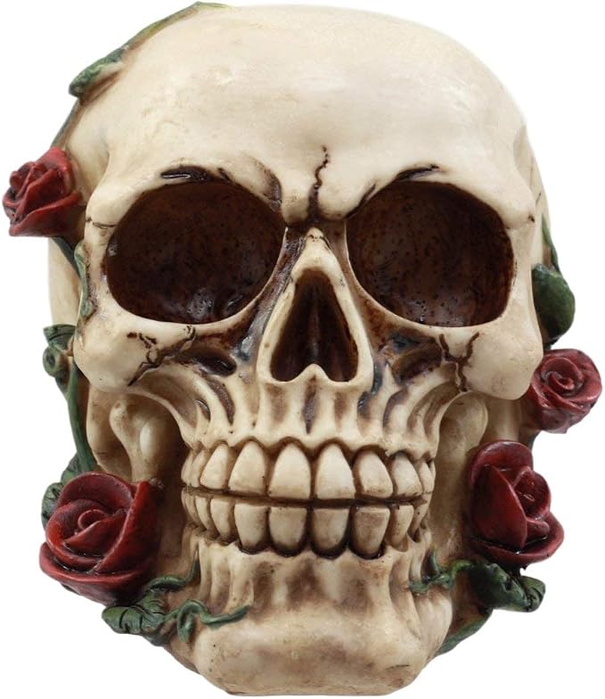 Ebros Gift Day of The Dead Red Rose Vine Skull Figurine DOD Floral Sugar Skull Decor 6" L Graveyard Macabre Ossuary Skeleton Halloween Statue - skull figurine