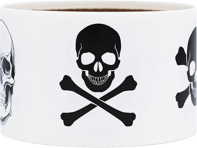 White Skull and Crossbones Stickers – 2 Inch Round Semi-Gloss Labels, 100 Total Adhesive Stickers on a Roll for Crafts, Party Favors, Decorations, and Packaging – Made in the USA