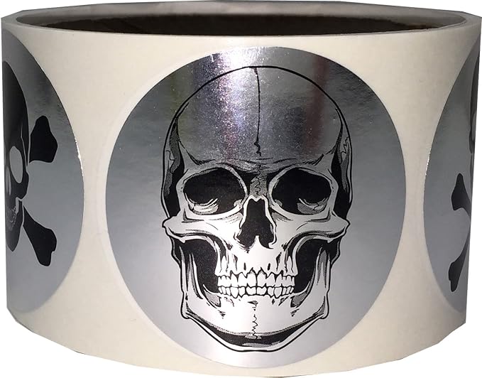 Silver Skull and Crossbones Circle Dot Stickers, 2 Inch Round, 100 Labels on a Roll - skull sticker