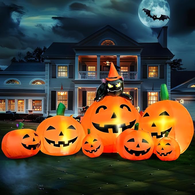 Joiedomi 7 FT Long Halloween Inflatables Pumpkin Outdoor Decorations, 7 Pumpkins Outside Decoration with Witch's Cat with Build-in LEDs Blow Up Inflatables for Party Yard Lawn Garden Decor - skull inflatable