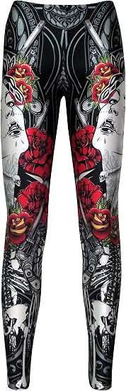 Sugar Skull Mexican Skeleton Guns Bones and Roses Print Alternative Leggings - skull leggings