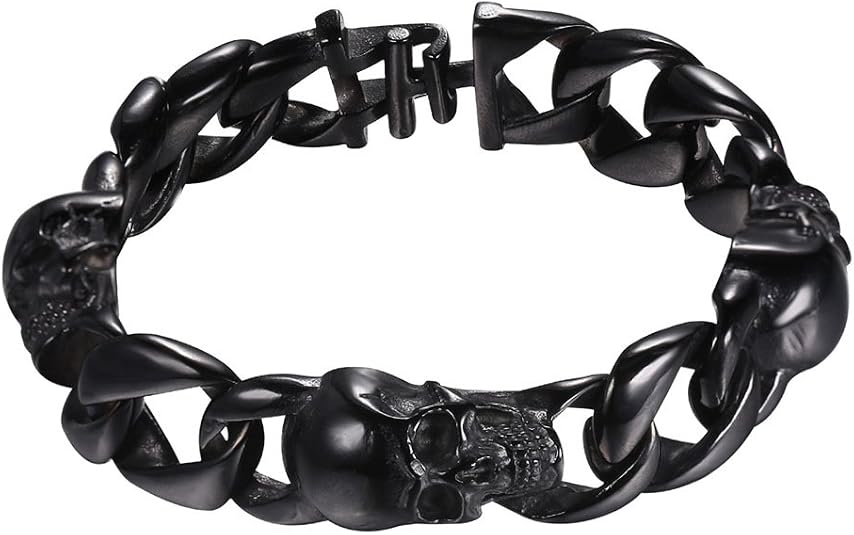U7 Gothic Skull Bracelets for Men Women, Stainless Steel/18K Gold Plated/Silver Black Punk Skeleton Head Chain Bracelet Party Accessories for Rapper Biker - string light