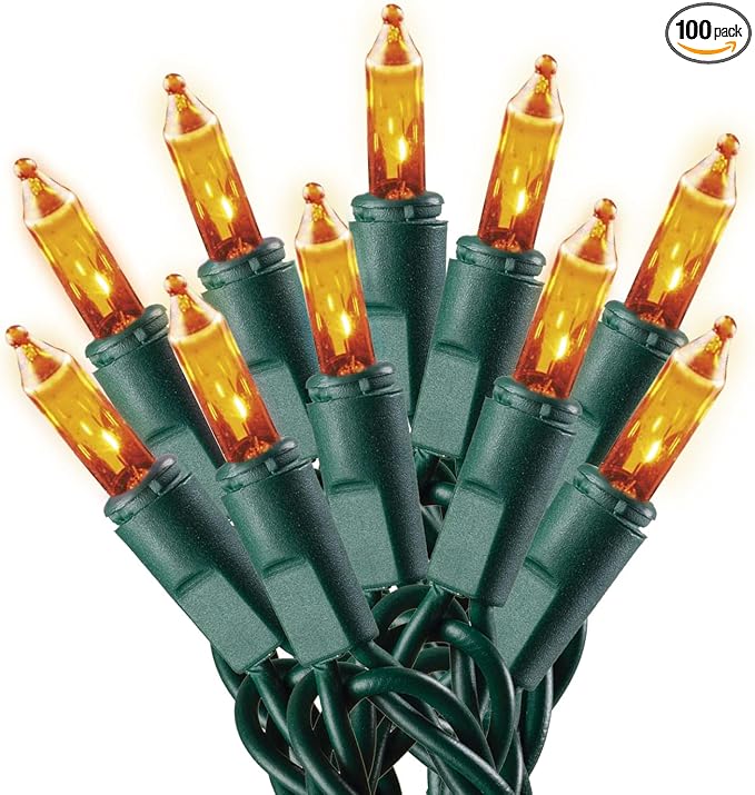 Gold Christmas Lights Green Wire - 100 Count - 24 Ft - Static and Blinking - string light