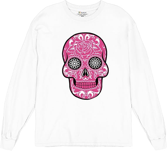 Pink Sugar Skull with Roses Long Sleeve T-Shirt Day of The Dead Tee - skull sweatshirts