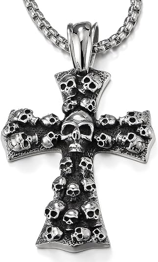 COOLSTEELANDBEYOND Mens Large Gothic Vintage Skulls Cross Pendant Necklace of Steel, Wheat Chain - skull wallet