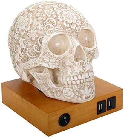 SUMMIT COLLECTION Floral Skull Home Decor LED Lamp with Two USB Charging Ports, White, - skull lamp
