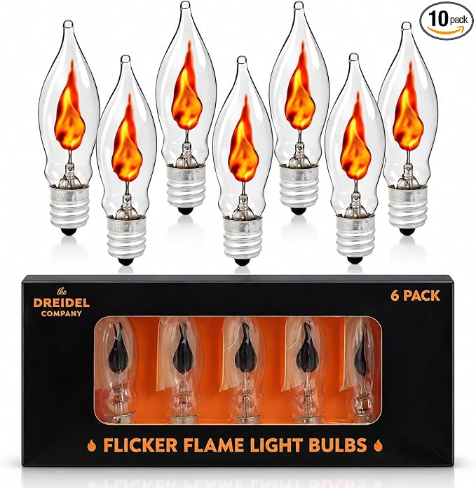 The Dreidel Company 10-Bulbs Flicker Flame Shaped Light Bulbs, Halloween E12 Replacement Bulbs, Dances with a Flickering Orange Glow, 1 Watt, 120 Volt (10-Pack) - string light