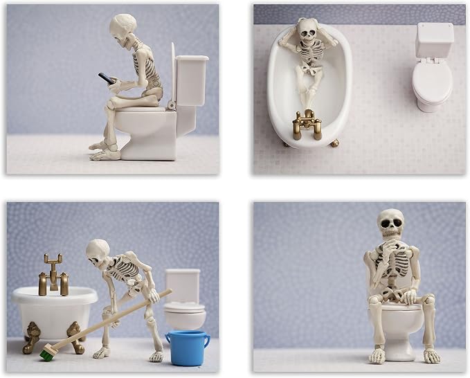 Funny Skeleton Bathroom Wall Art Prints Set of 4-8×10 Unframed Humorous Skull Toilet Decor Poster-Gothic Comedy Restroom Signs for Guest Bathroom Powder Room Man Cave-Dark Humor Home Decor Gift